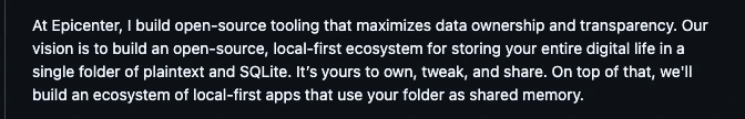 The Epicenter vision as it appeared on my GitHub profile in July 2026.