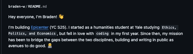 The introduction on my GitHub profile, describing my path from the humanities to coding.