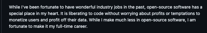 The paragraph on my GitHub profile about why open-source software has a special place in my heart.